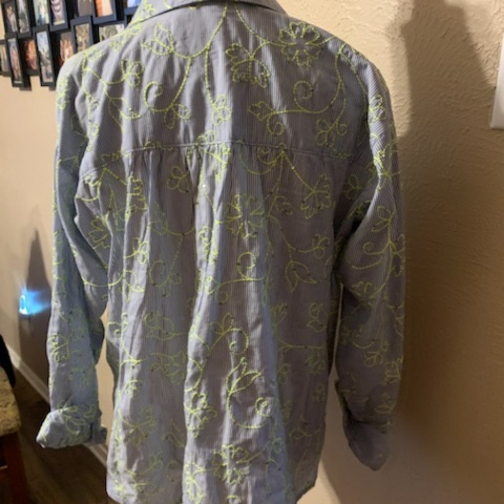 Maeve Blue and Green Embroidered Button Down Shirt - Picture 3 of 4
